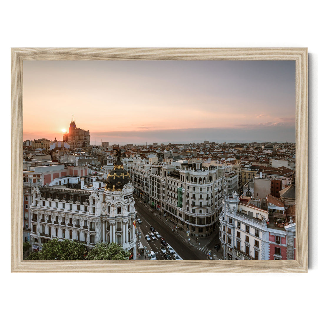 Sunset over Madrid, Spain – fine art print in a natural frame, no mat