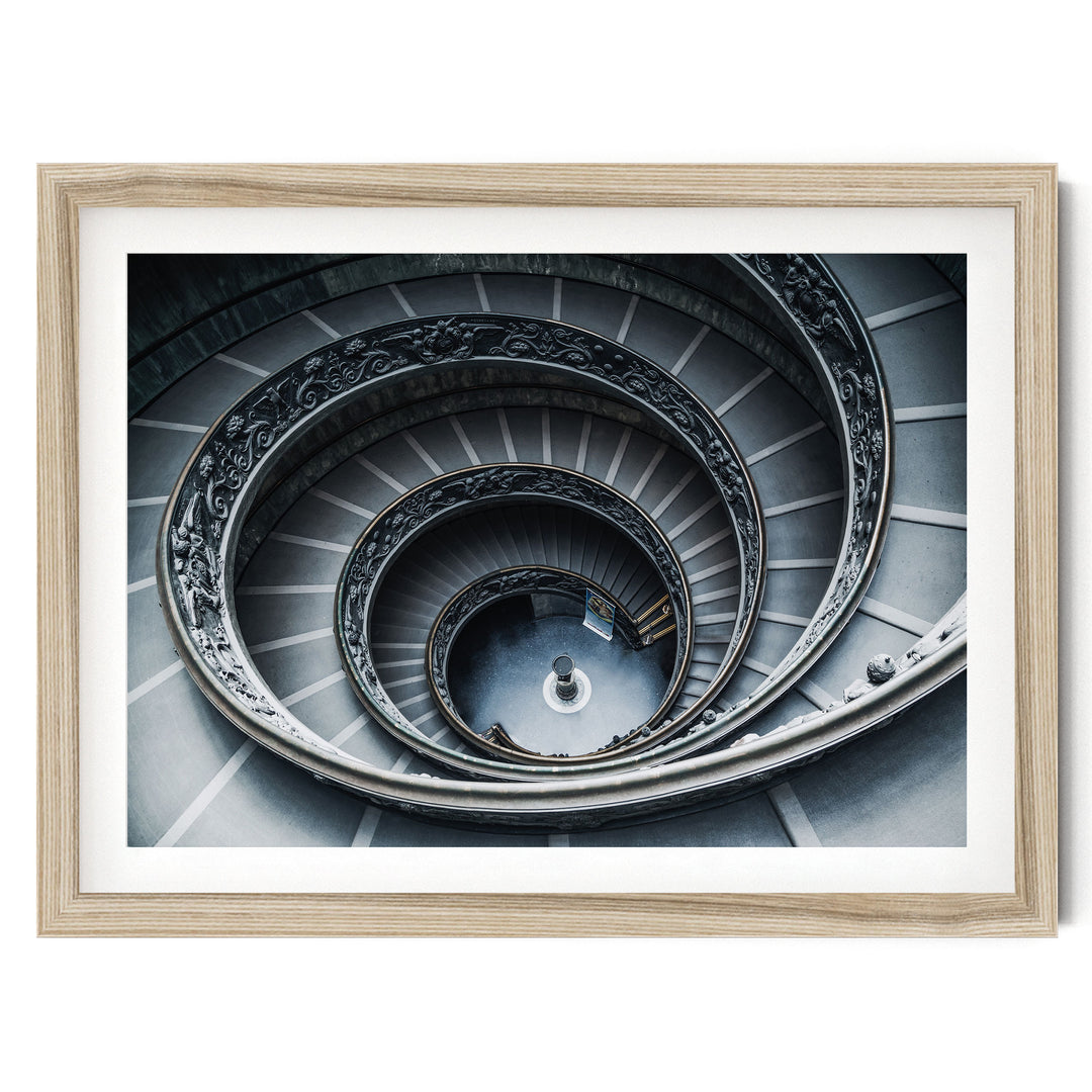 Spiral Staircase, Rome, Italy – fine art print in a natural frame with white mat