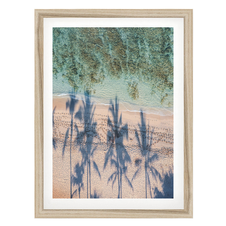 Palm Trees and Beach, Waikiki, Hawaii – fine art print in a natural frame with white mat