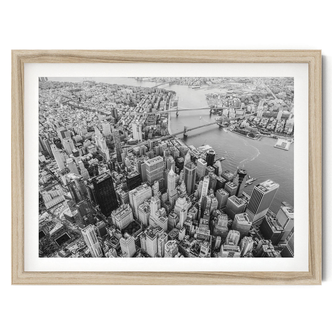 Flying over Manhattan, New York City – fine art print in a natural frame with white mat