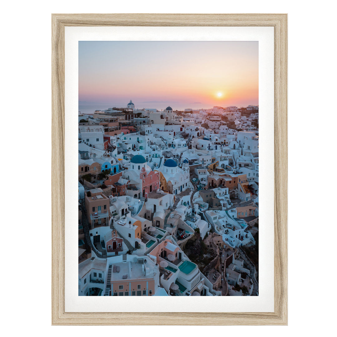 Santorini Sunrise I, Oia, Greece – fine art print in a natural frame with white mat