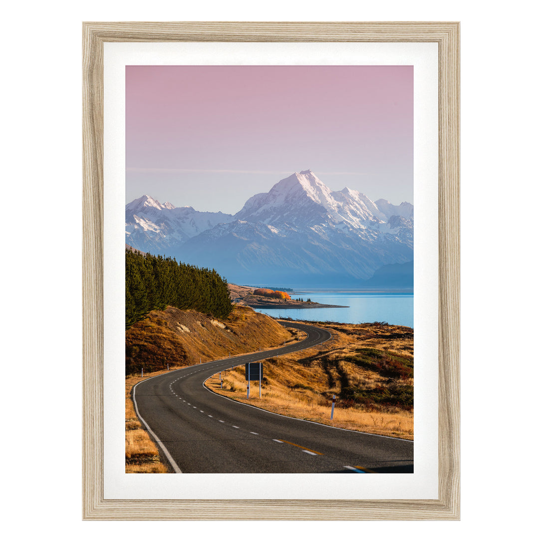 The Road to Mount Cook, New Zealand – fine art print in a natural frame with white mat