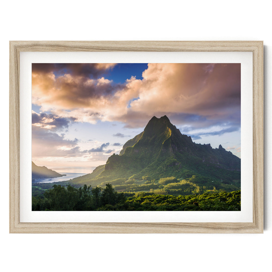 Moorea at Sunset, French Polynesia – fine art print in a natural frame with white mat