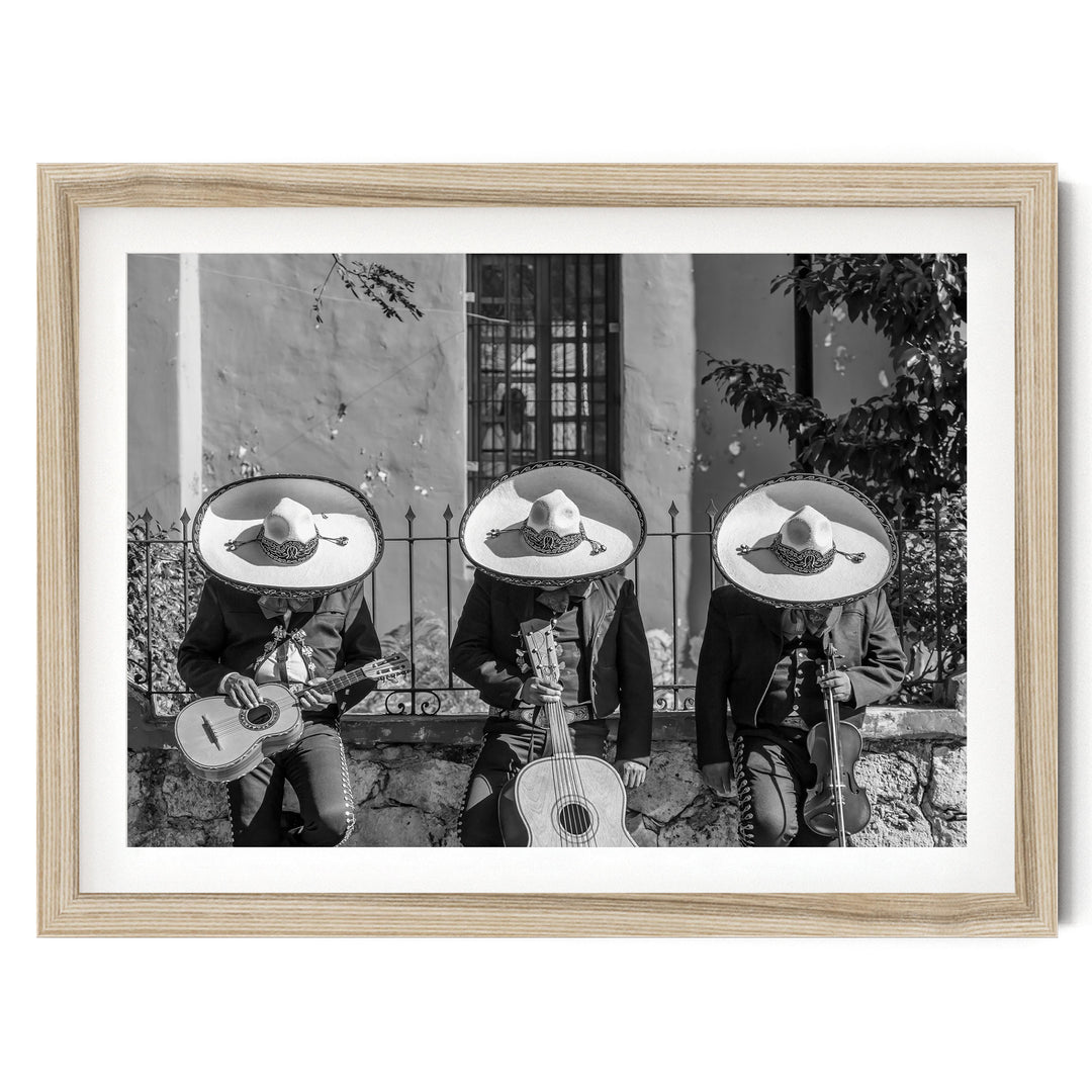Mariachis Siesta, Yucatan, Mexico – B&W – fine art print in a natural frame with white mat