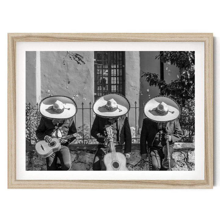 Mariachis Siesta, Yucatan, Mexico – B&amp;W – fine art print in a natural frame with white mat