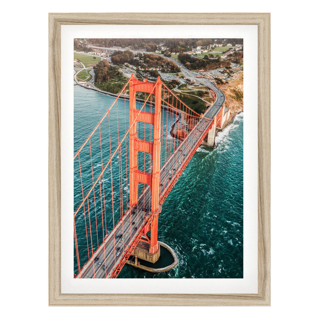 Flying over the Golden Gate Bridge I, San Francisco – fine art print in a natural frame with white mat