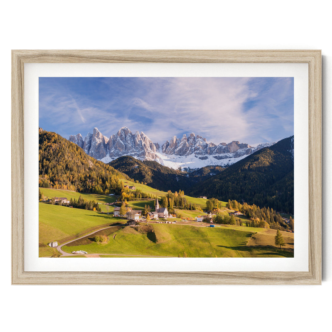 Funes Valley, Dolomites, Italy – fine art print in a natural frame with white mat