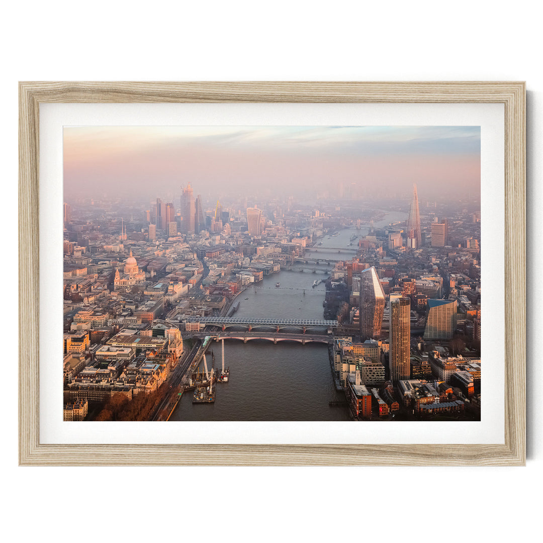 London Aerial III, England – fine art print in a natural frame with white mat
