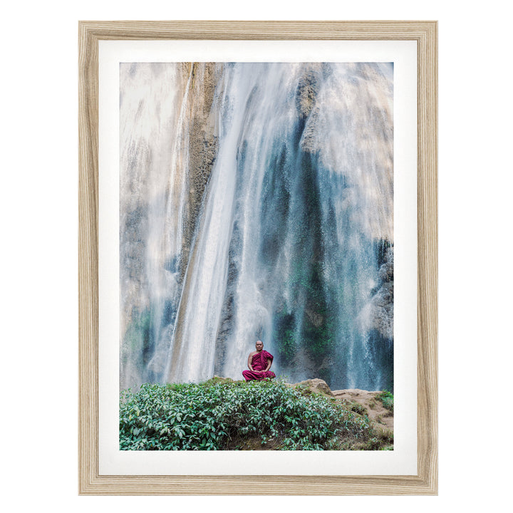 Meditation under the Waterfall, Myanmar – fine art print in a natural frame with white mat