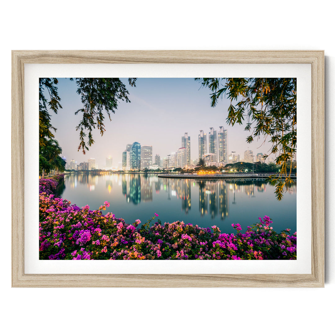Bangkok at Night, Thailand – fine art print in a natural frame with white mat
