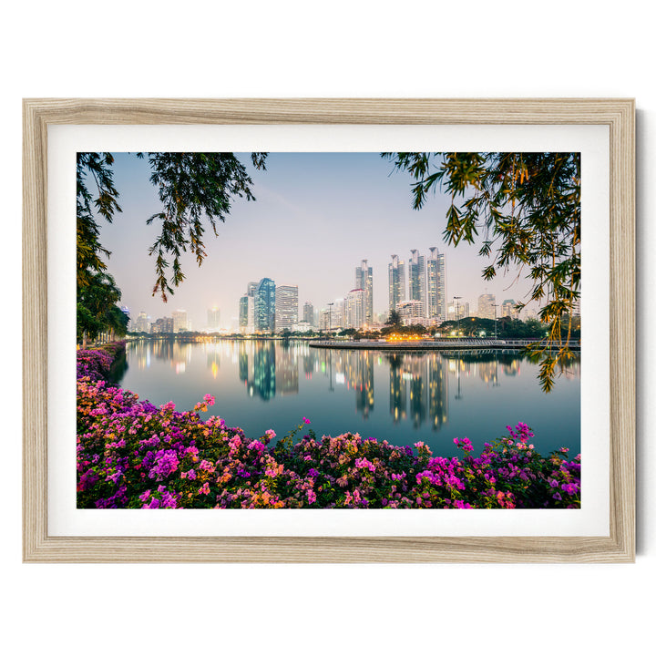 Bangkok at Night, Thailand – fine art print in a natural frame with white mat