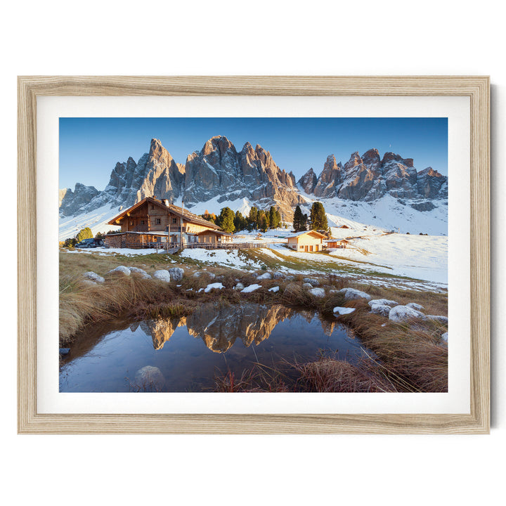 Mountain Hut, Dolomites, Italy – fine art print in a natural frame with white mat