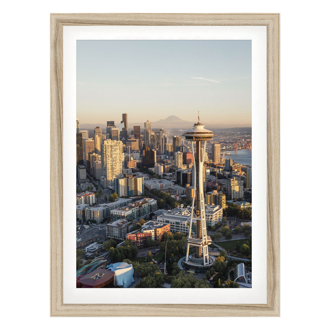 Seattle Skyline II, Washington – fine art print in a natural frame with white mat