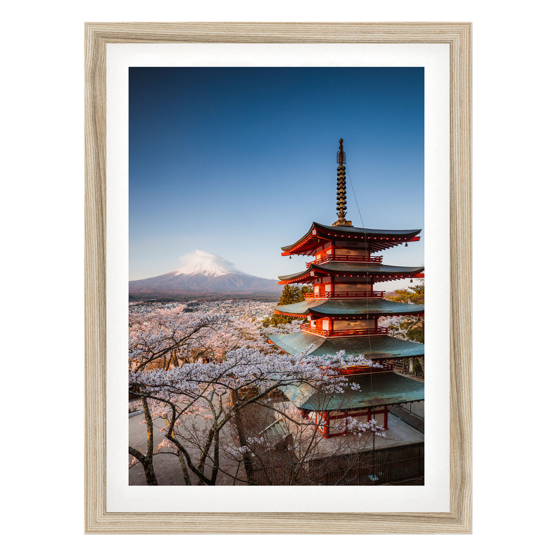 Pagoda and Mount Fuji II, Japan – fine art print in a natural frame with white mat