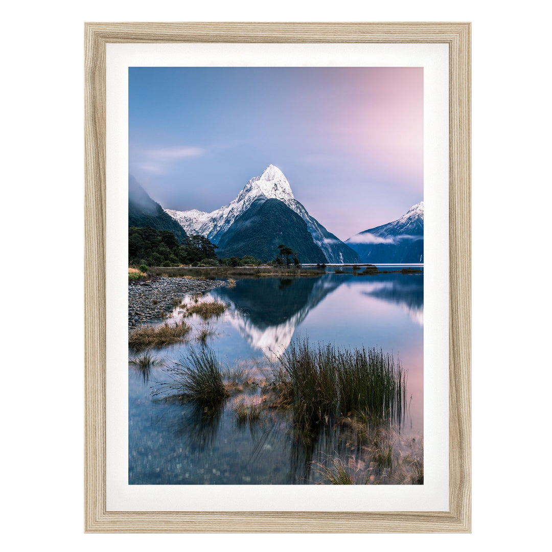 Milford Sound II, New Zealand – fine art print in a natural frame with white mat