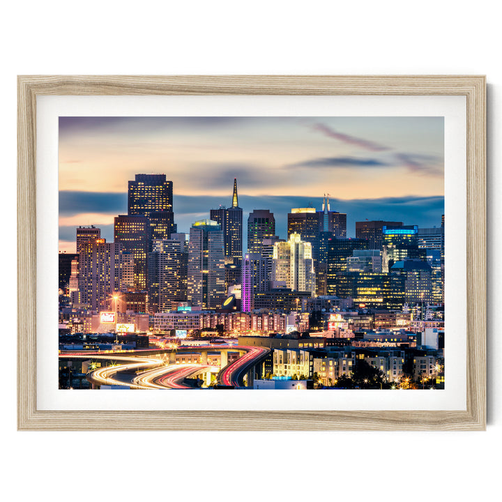 San Francisco Skyline at Night, California – fine art print in a natural frame with white mat