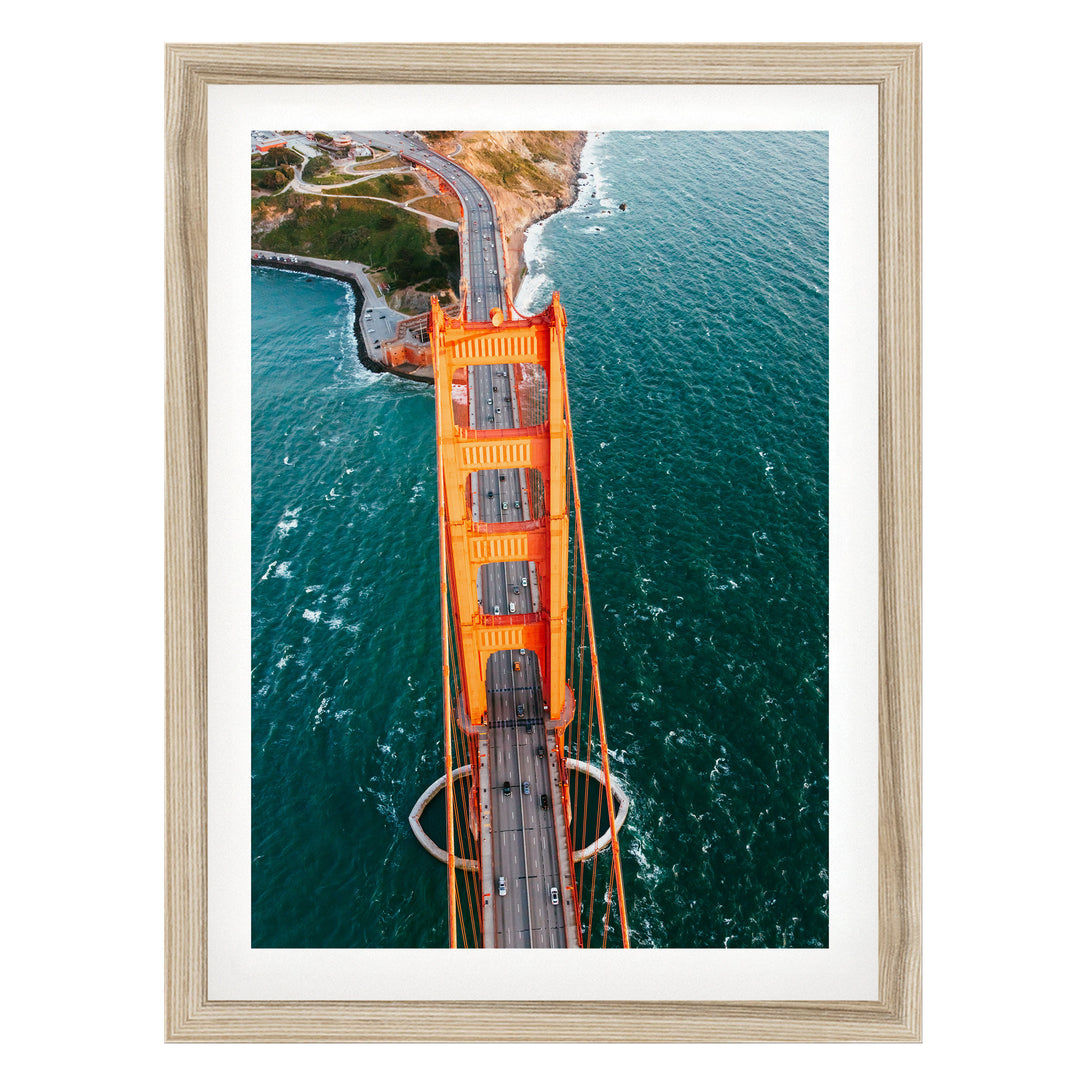 Flying over the Golden Gate Bridge II, San Francisco – fine art print in a natural frame with white mat