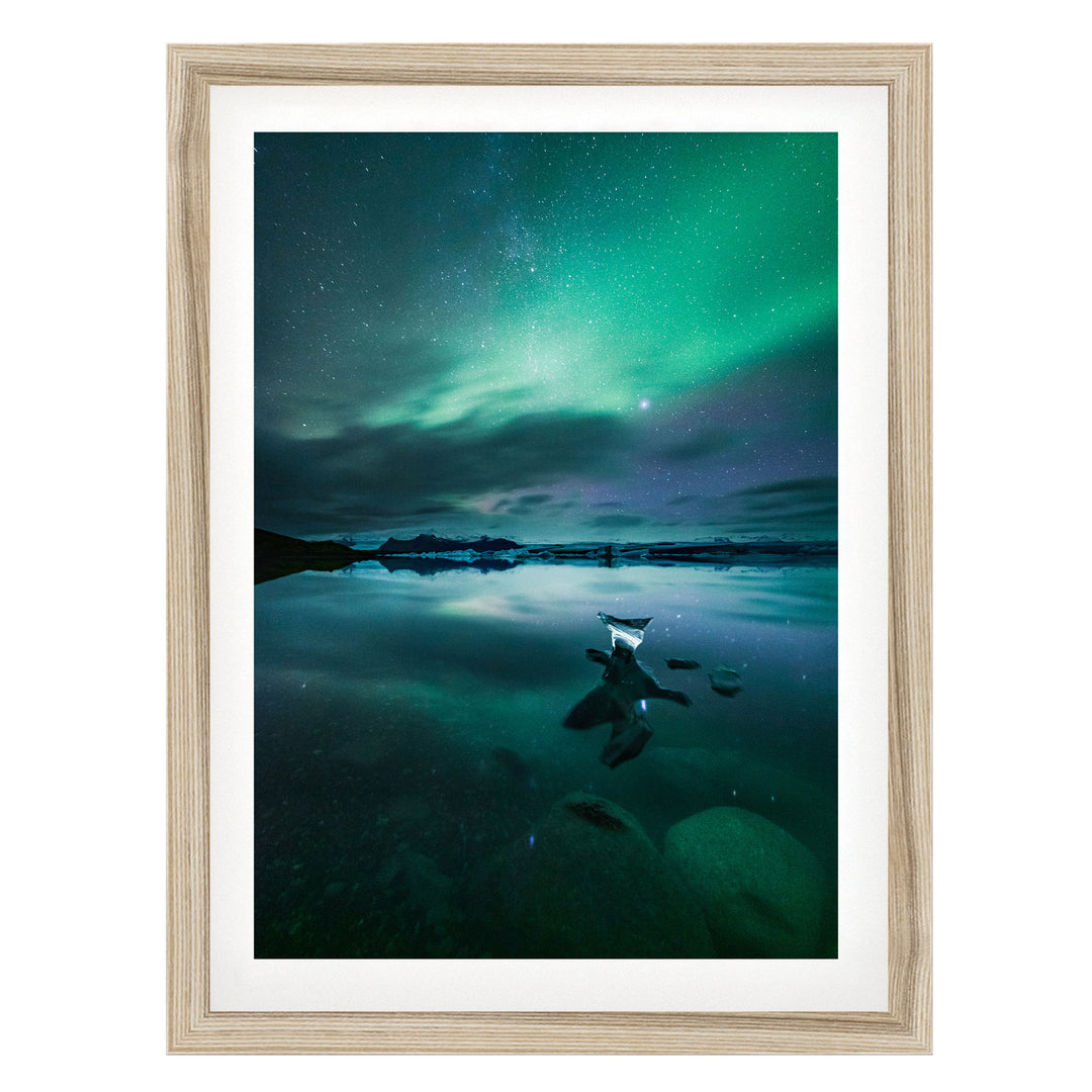 Iceland Aurora II – fine art print in a natural frame with white mat