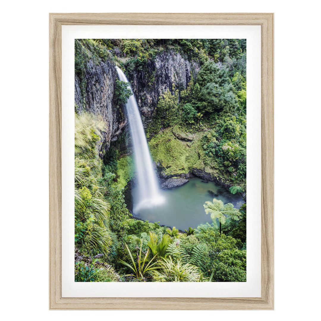 Bridal Veil Falls, Waikato, New Zealand – fine art print in a natural frame with white mat