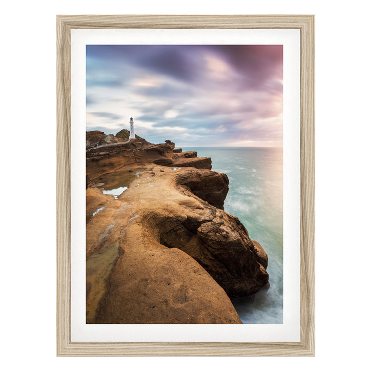 Castle Point Lighthouse, New Zealand – fine art print in a natural frame with white mat