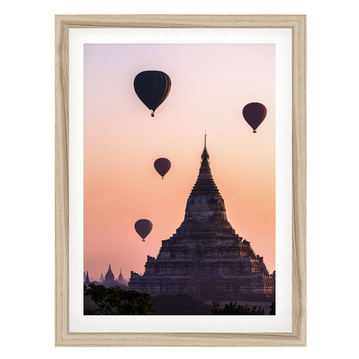 Balloons Flying over Bagan I, Myanmar – fine art print in a natural frame with white mat
