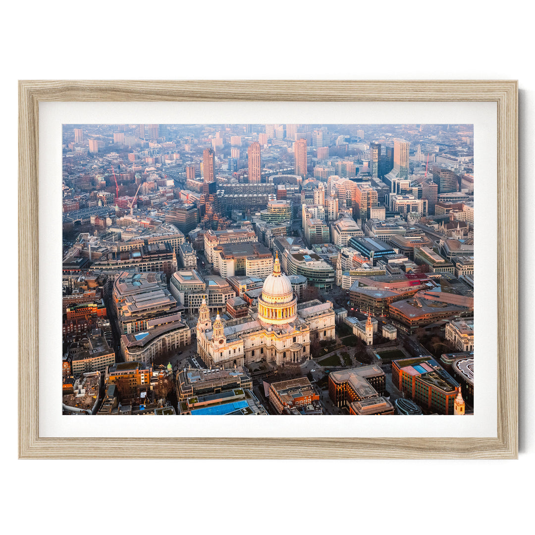 St Paul's Cathedral Aerial, London, England – fine art print in a natural frame with white mat