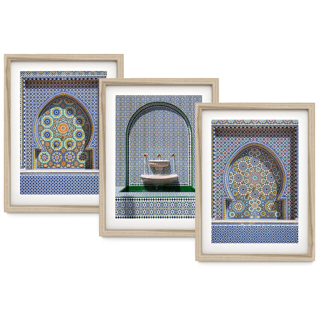 Arabic Fountains, Morocco – Print Set of 3 – fine art print set in natural frames with white mats