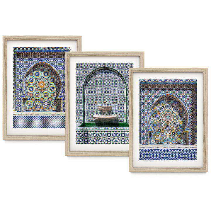 Arabic Fountains, Morocco – Print Set of 3 – fine art print set in natural frames with white mats