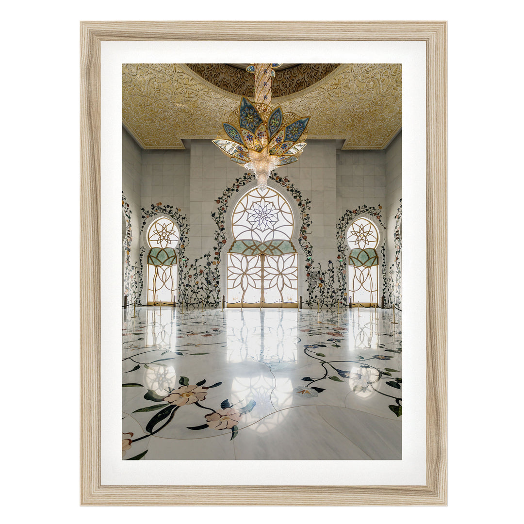 Grand Mosque Interior, Abu Dhabi, UAE – fine art print in a natural frame with white mat
