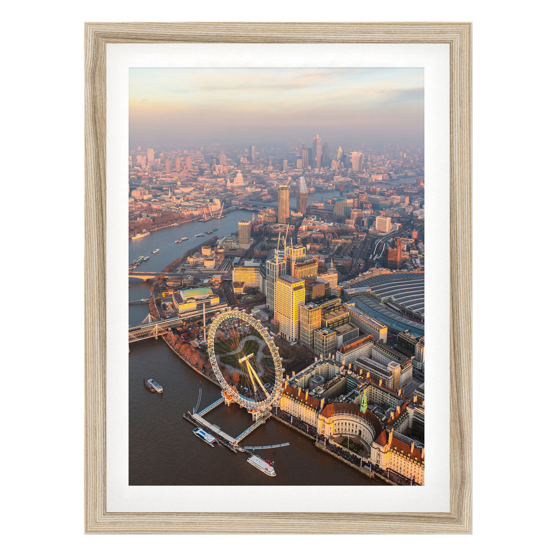 London Aerial I, England – fine art print in a natural frame with white mat
