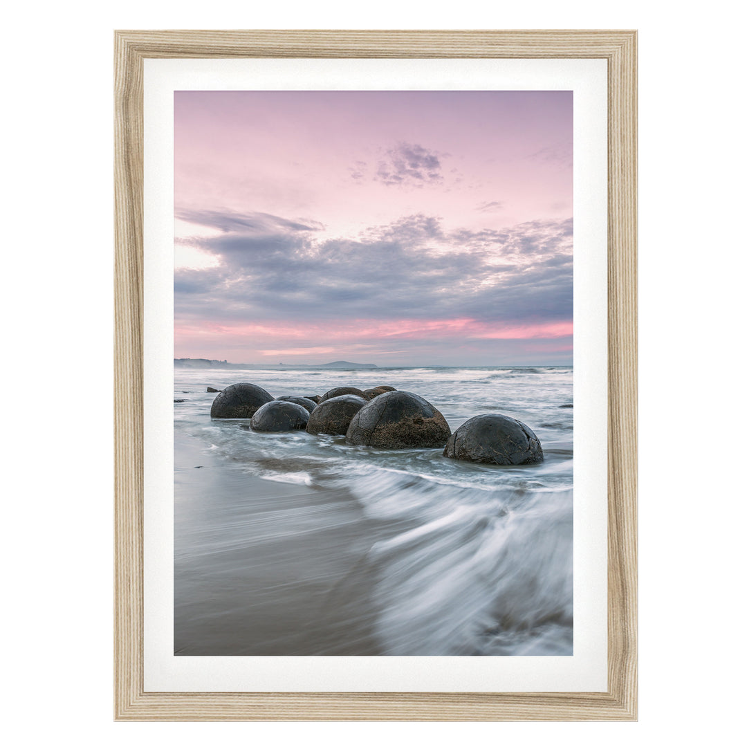 Moeraki Boulders II, New Zealand – fine art print in a natural frame with white mat