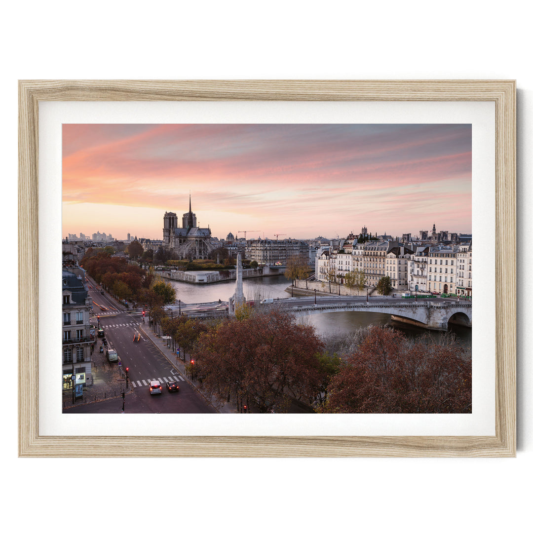 Pink Sunset in Paris, France – fine art print in a natural frame with white mat