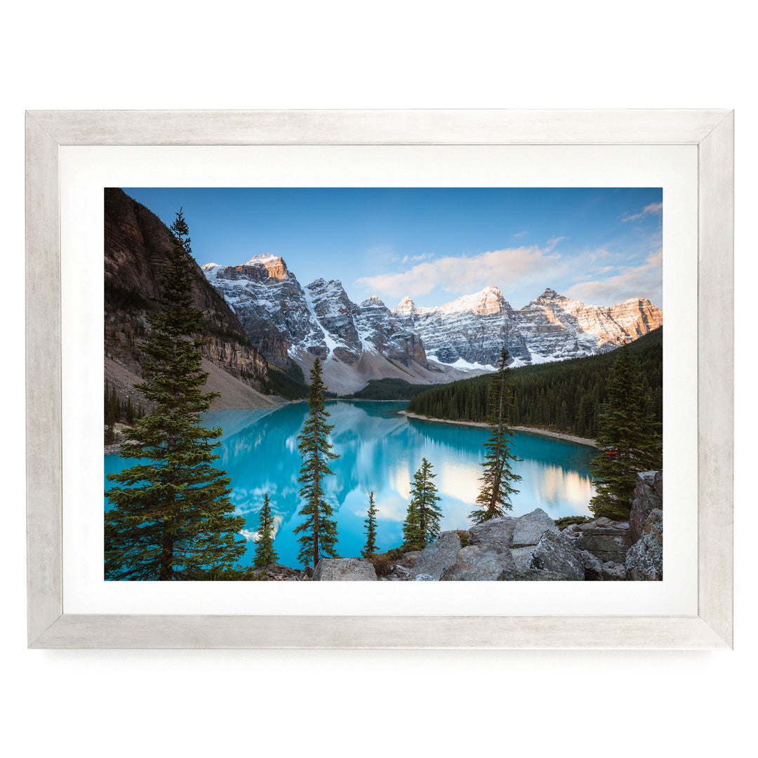 Moraine Lake I, Banff, Canada – fine art print in a silver frame with white mat