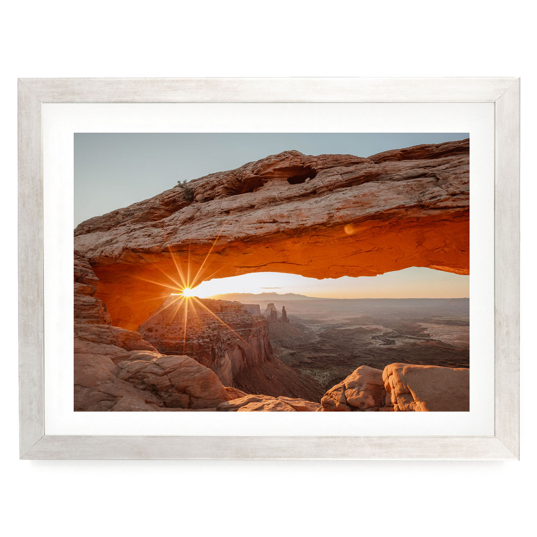 First Light on Mesa Arch, Canyonlands, Utah – fine art print in a silver frame with white mat