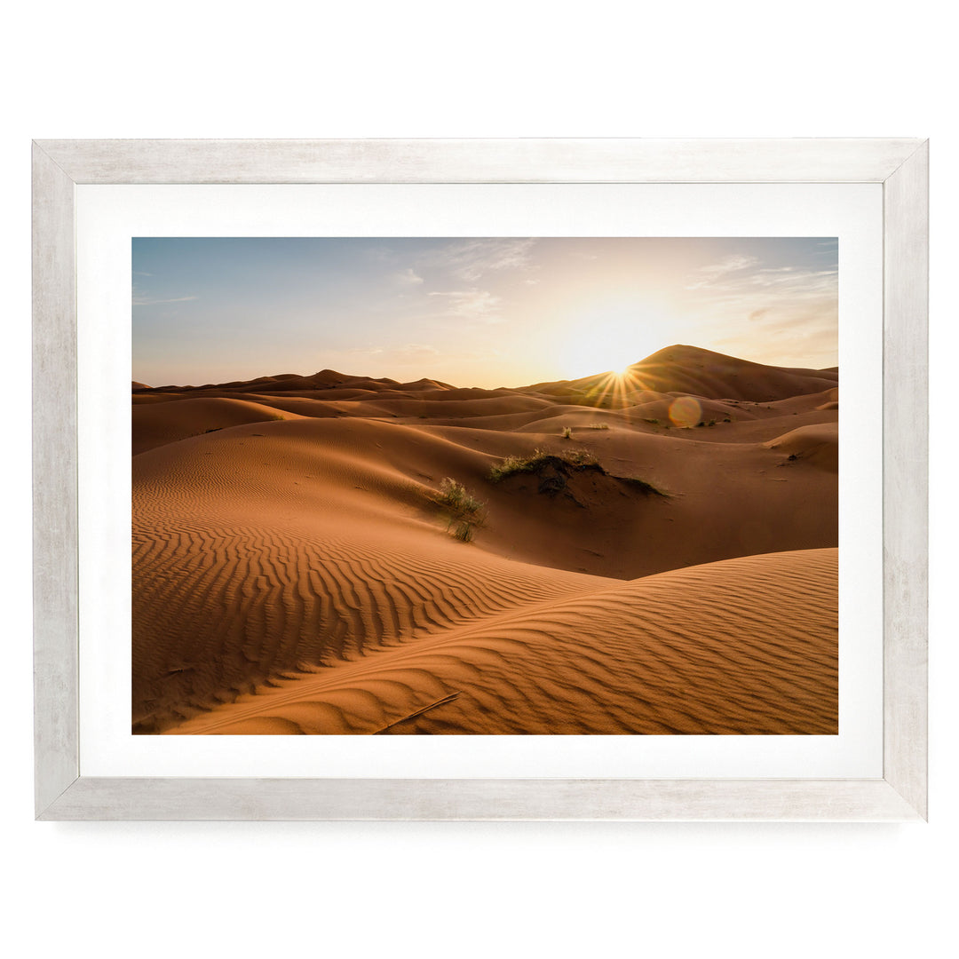 Sunset in the Sahara, Erg Chebbi, Morocco – fine art print in a silver frame with white mat