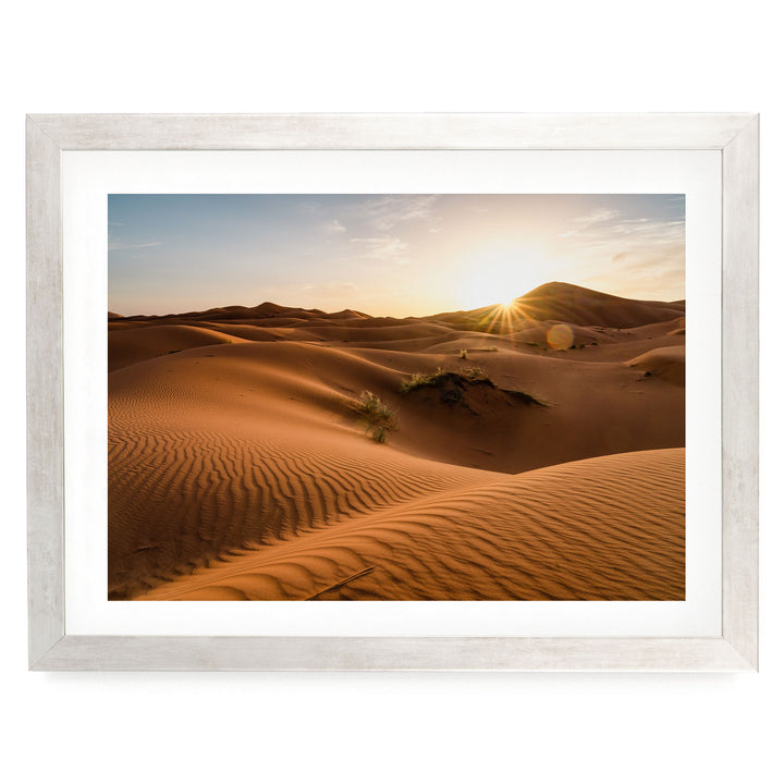 Sunset in the Sahara, Erg Chebbi, Morocco – fine art print in a silver frame with white mat