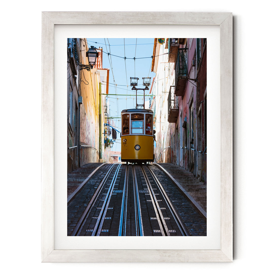 Lisbon Tram II, Portugal – fine art print in a silver frame with white mat