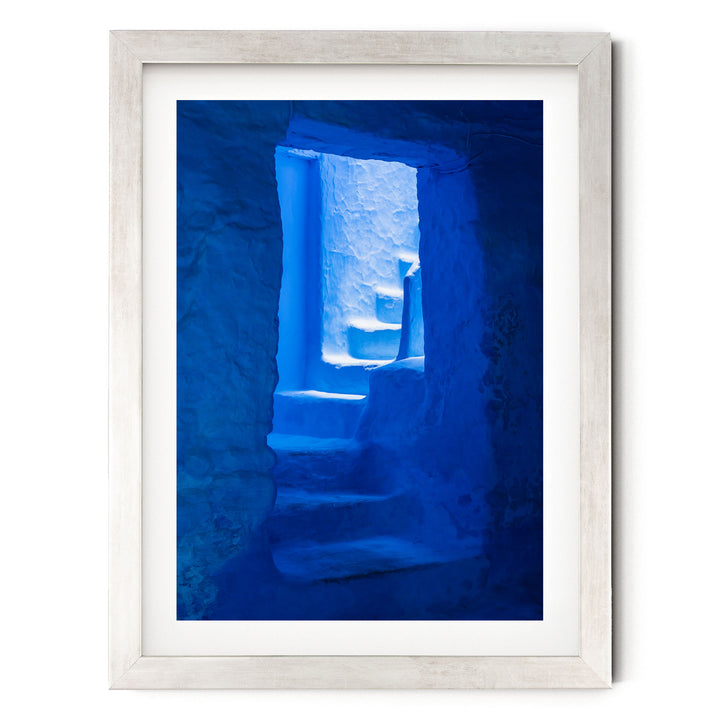 Blue Staircase, Chefchaouen, Morocco – fine art print in a silver frame with white mat