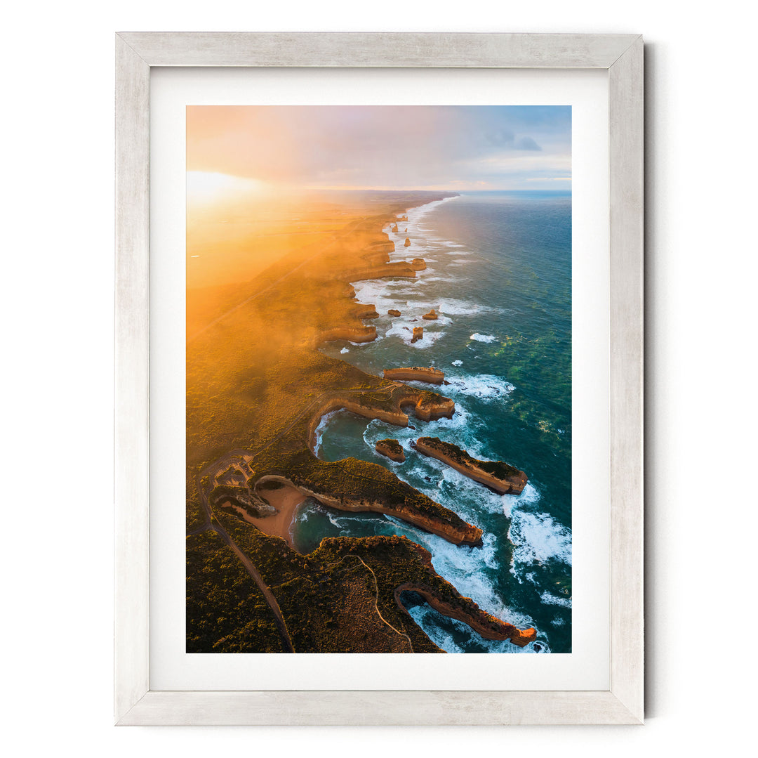 Shipwreck Coast Aerial, Great Ocean Road, Australia – fine art print in a silver frame with white mat