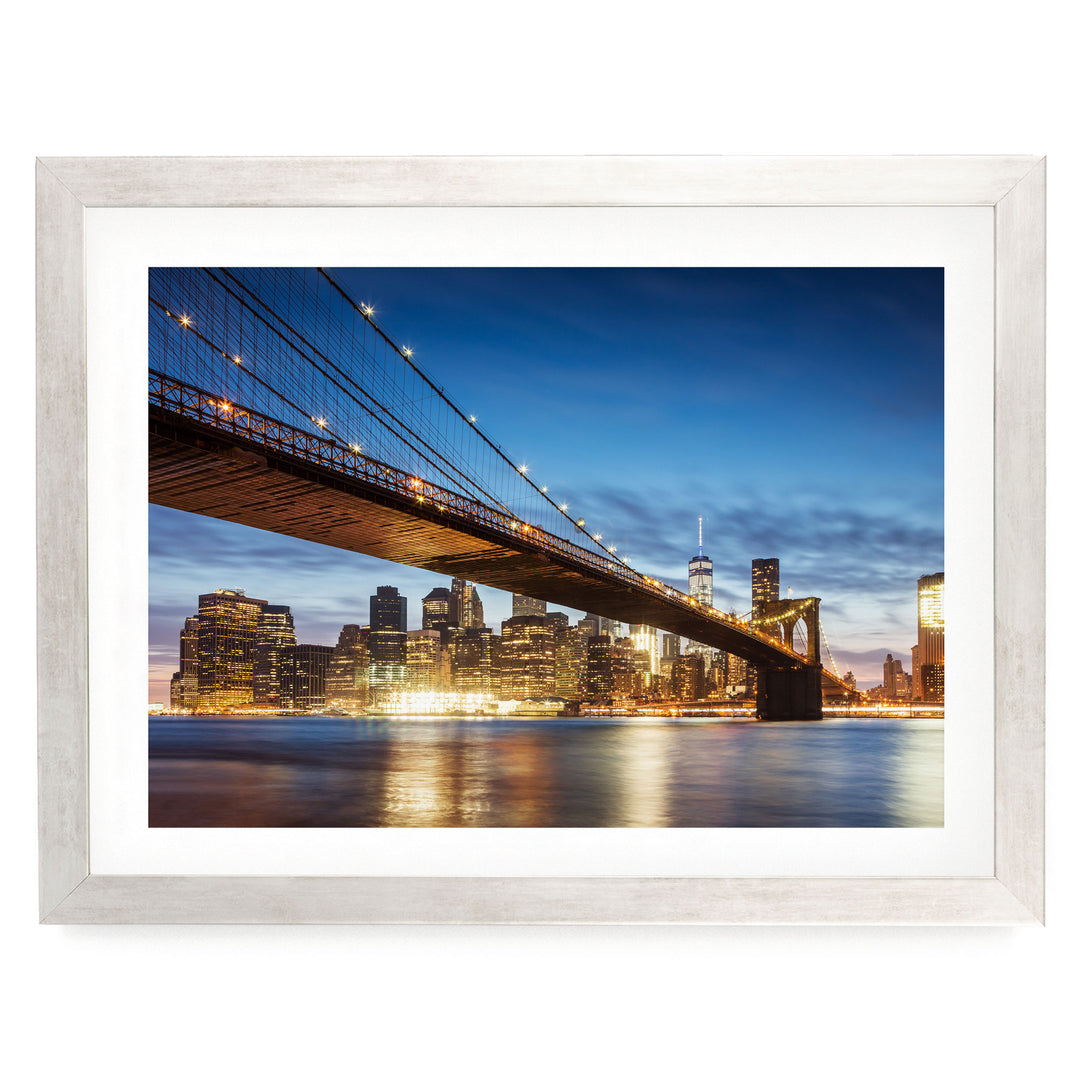 Brooklyn Bridge at Night, New York City – fine art print in a silver frame with white mat