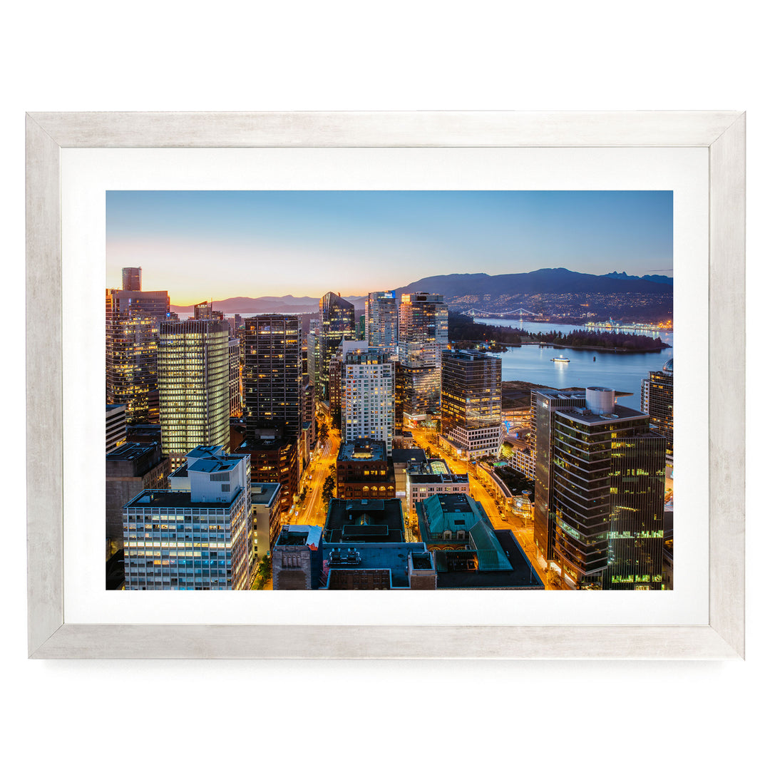 Vancouver Skyline, British Columbia, Canada – fine art print in a silver frame with white mat