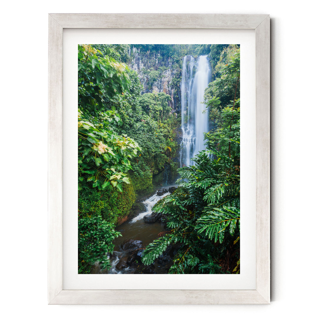 Maui Waterfall, Maui, Hawaii – fine art print in a silver frame with white mat