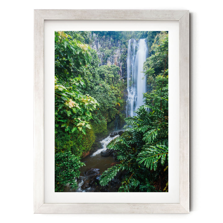 Maui Waterfall, Maui, Hawaii – fine art print in a silver frame with white mat
