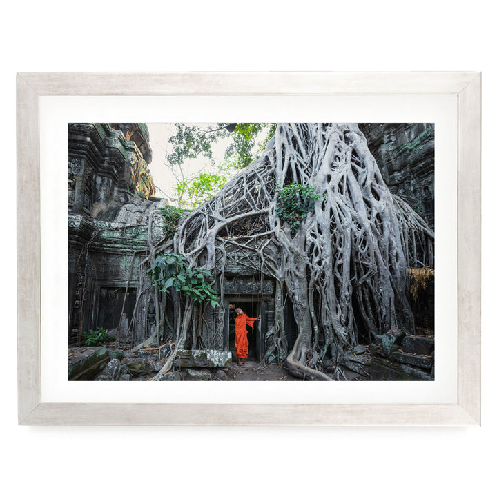 Monk at Ta Prohm, Angkor, Cambodia – fine art print in a silver frame with white mat