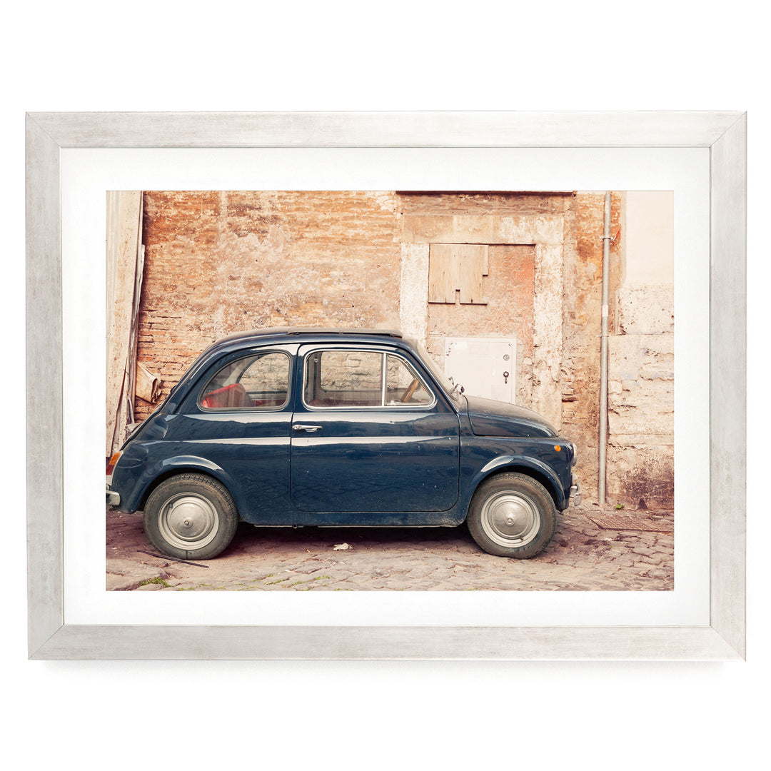 Vintage Fiat 500, Rome, Italy – fine art print in a silver frame with white mat