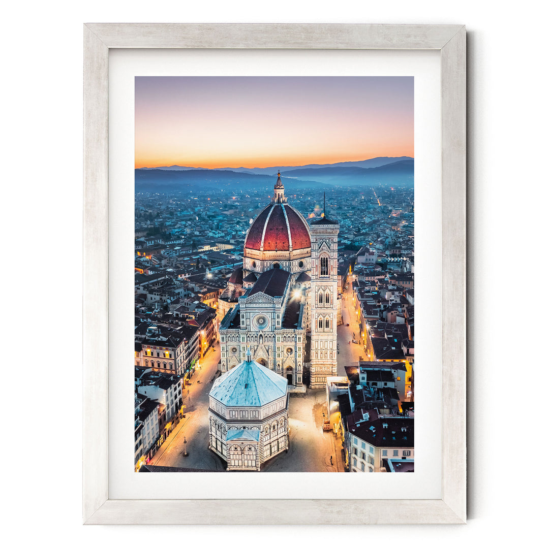 Dawn over Florence, Tuscany, Italy – fine art print in a silver frame with white mat