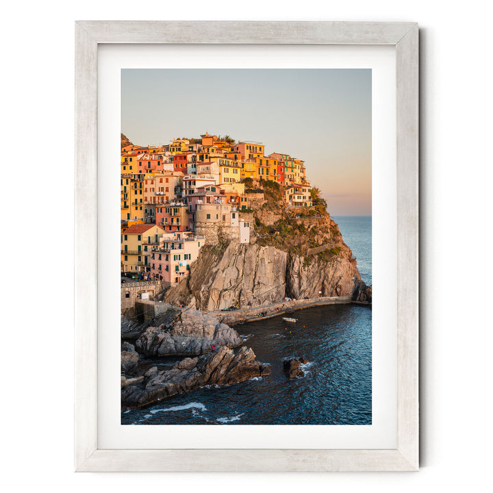 Manarola at Sunset, Cinque Terre, Italy – fine art print in a silver frame with white mat