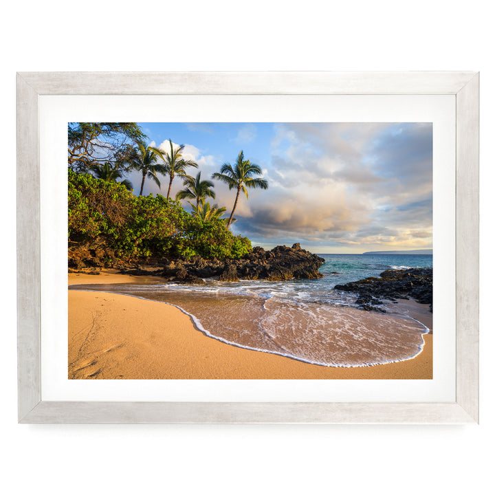 Maui Secret Beach at Sunset, Makena Cove, Hawaii – fine art print in a silver frame with white mat