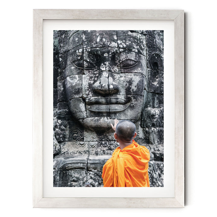Monk at Bayon Temple, Angkor, Cambodia – fine art print in a silver frame with white mat