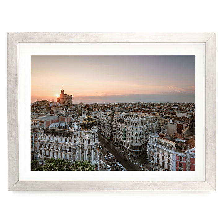 Sunset over Madrid, Spain – fine art print in a silver frame with white mat
